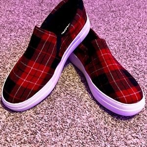 Size 9 Soda brand slip on shoes. Red/black buffalo plaid
